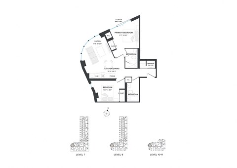 Floor plan for 2 beds, 2 baths, 705 sqft